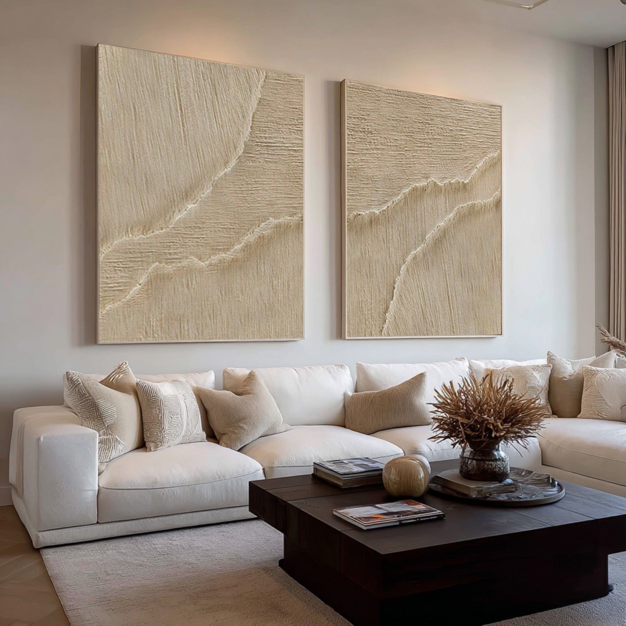 Duo Textured Abstract Art Minimalist Beige Set of Two #WG 071