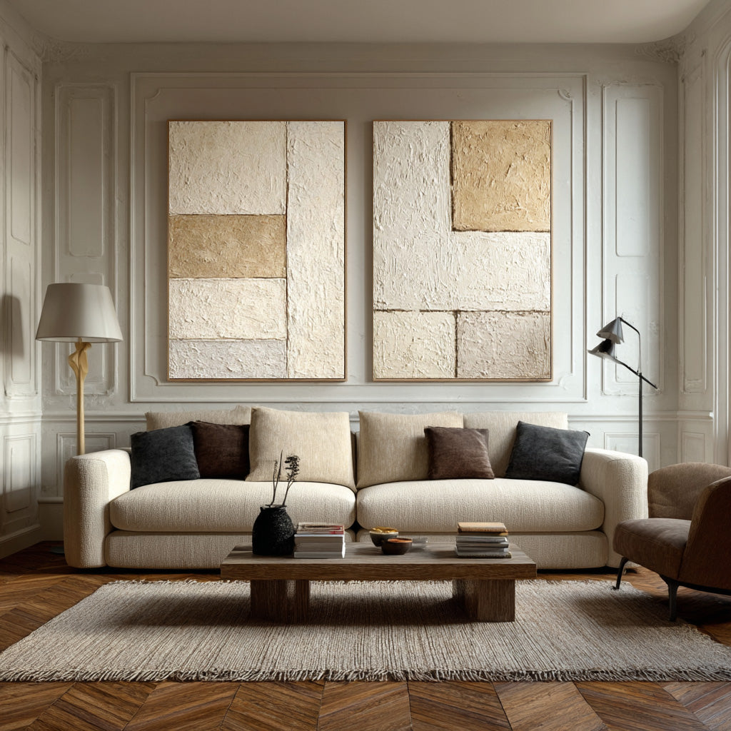 Beige & Brown Abstract Diptych - Textured Modern Wall Art #WG 077