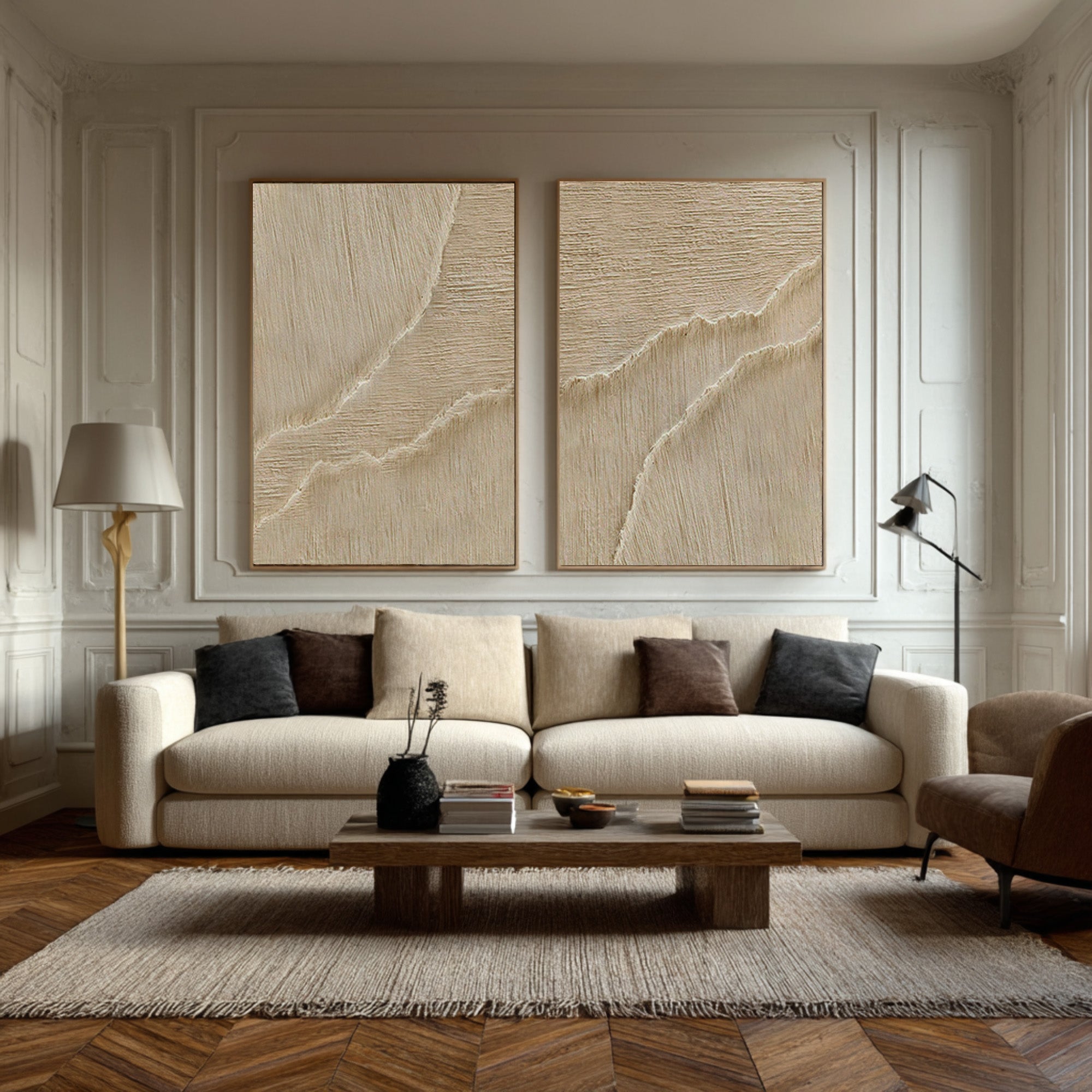Duo Textured Abstract Art Minimalist Beige Set of Two #WG 071