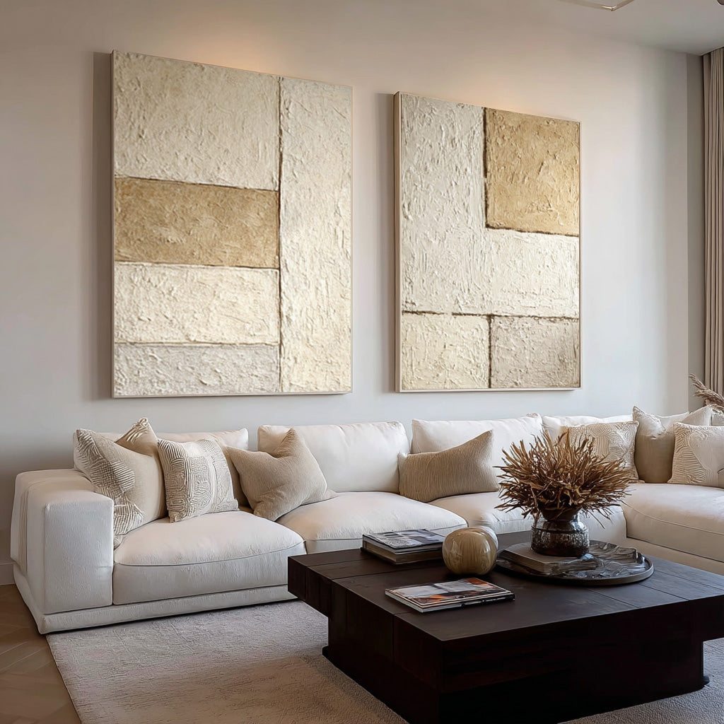 Beige & Brown Abstract Diptych - Textured Modern Wall Art #WG 077