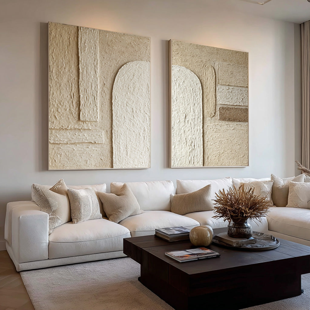 Contemporary Impasto Wall Art Diptych Neutral Tones Living #WG 040