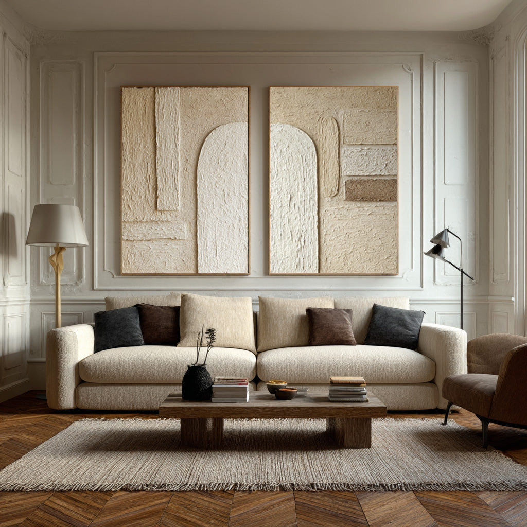 Contemporary Impasto Wall Art Diptych Neutral Tones Living #WG 040
