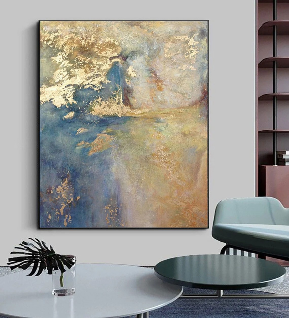 Light Blue and Gold Abstract Wall Art with Metallic Accents #BGA 092