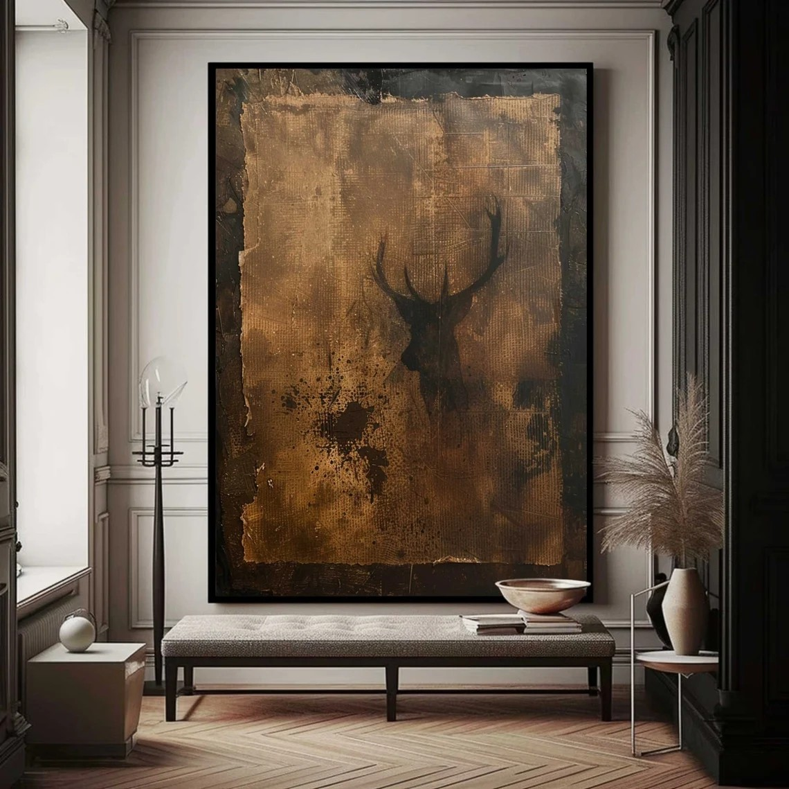 Rustic Painting, Deer Silhouette, Wabi-Sabi Inspired Wall Art #BGA 079