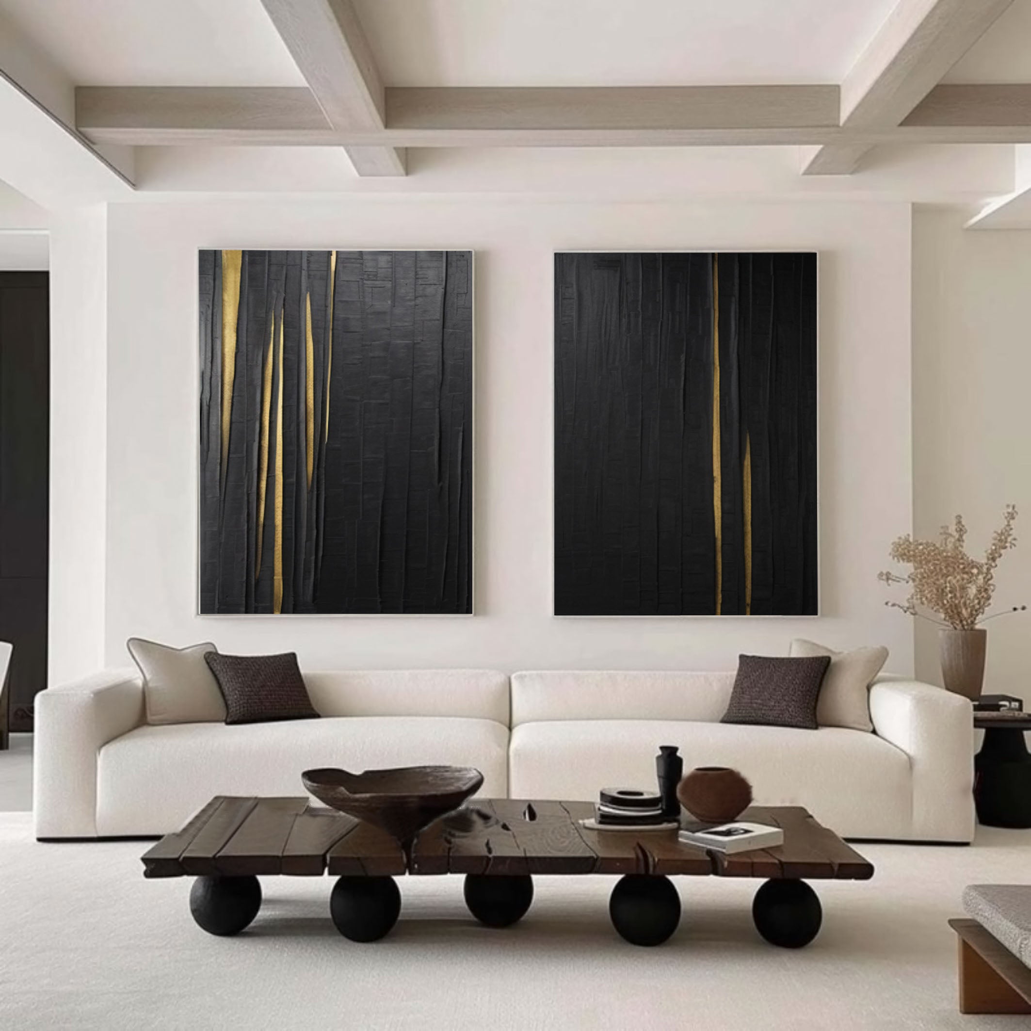 Modern Black Impasto Diptych with Vertical Gold Fissures #BGA 207