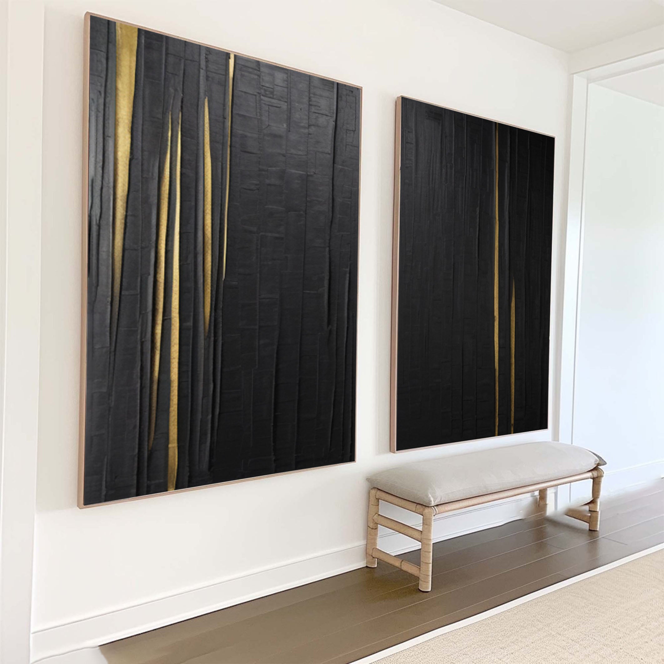 Modern Black Impasto Diptych with Vertical Gold Fissures #BGA 207
