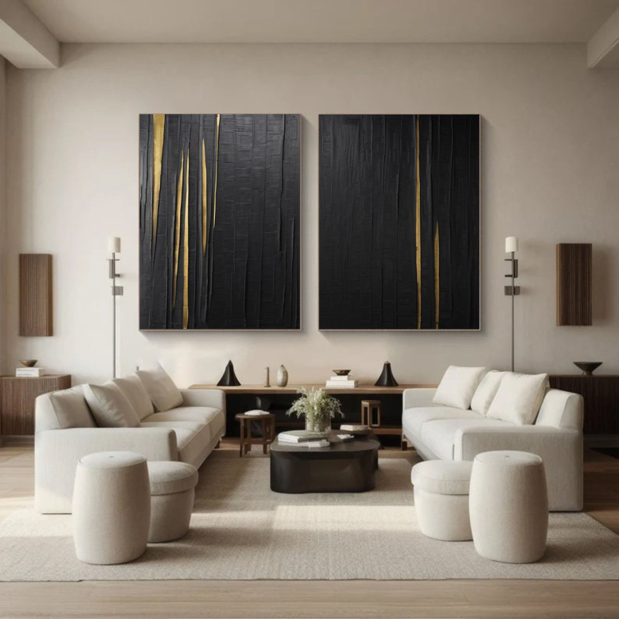 Modern Black Impasto Diptych with Vertical Gold Fissures #BGA 207