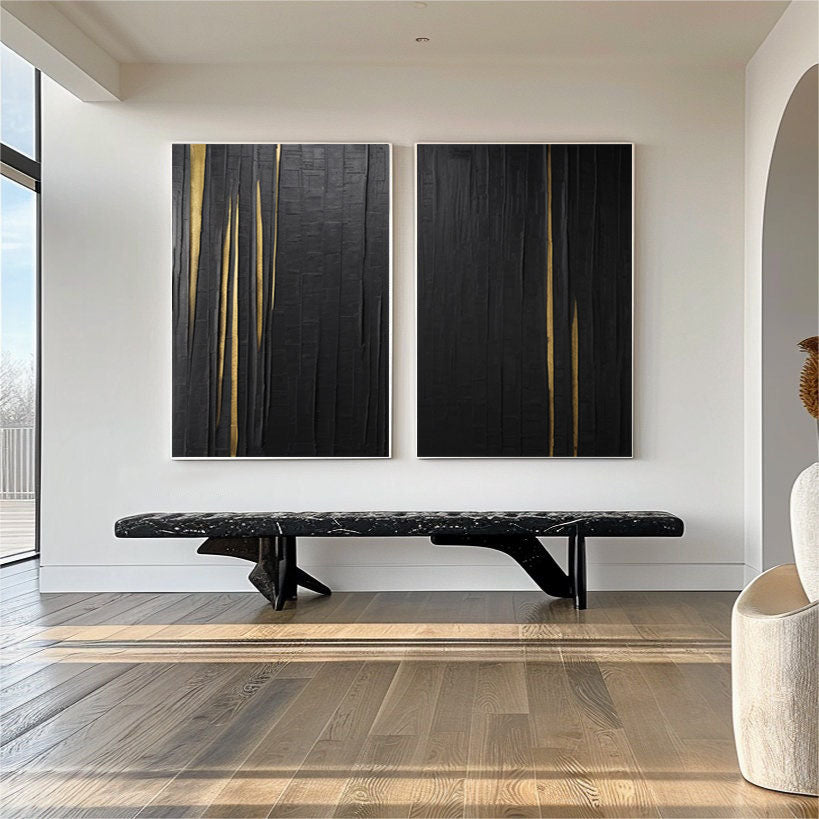 Modern Black Impasto Diptych with Vertical Gold Fissures #BGA 207