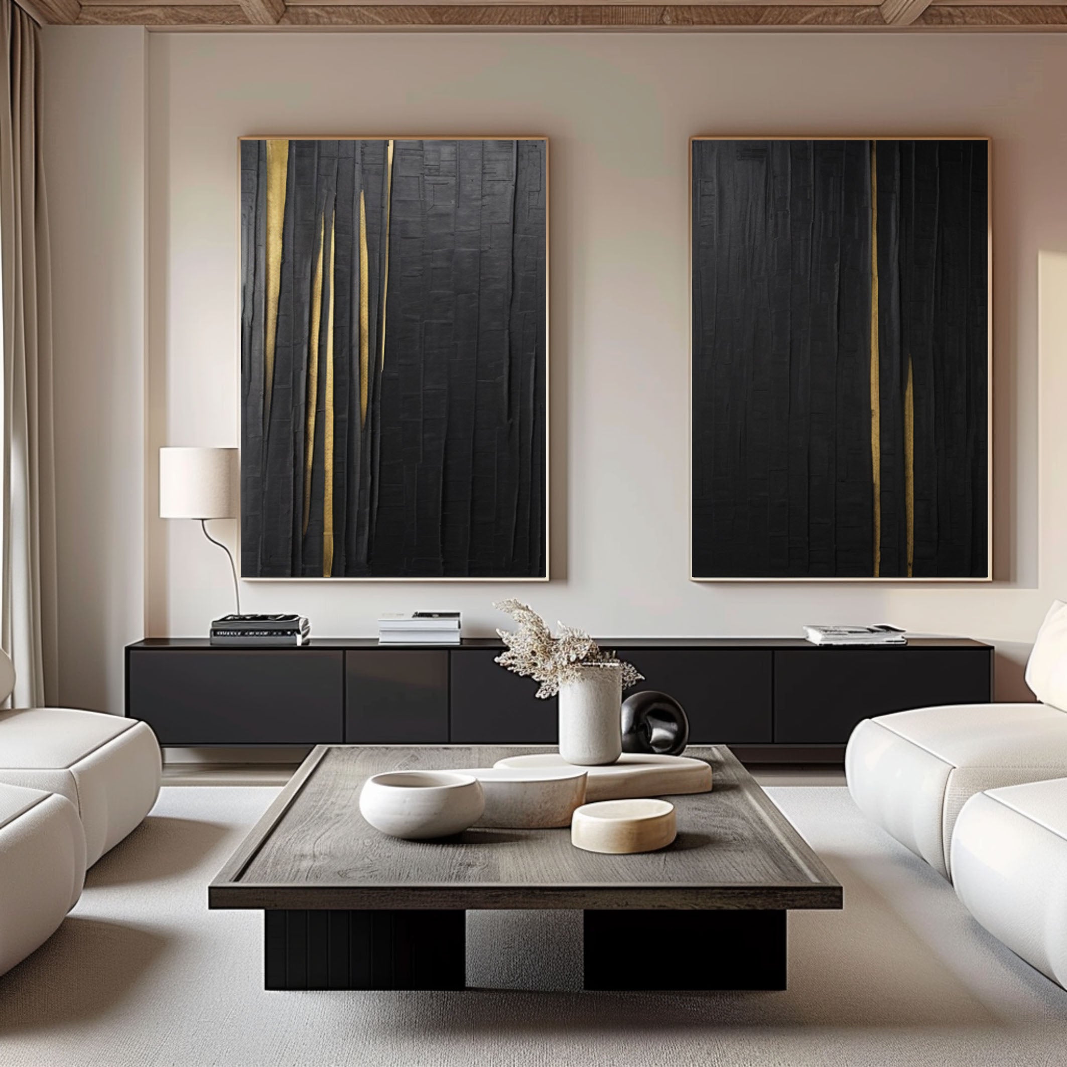 Modern Black Impasto Diptych with Vertical Gold Fissures #BGA 207