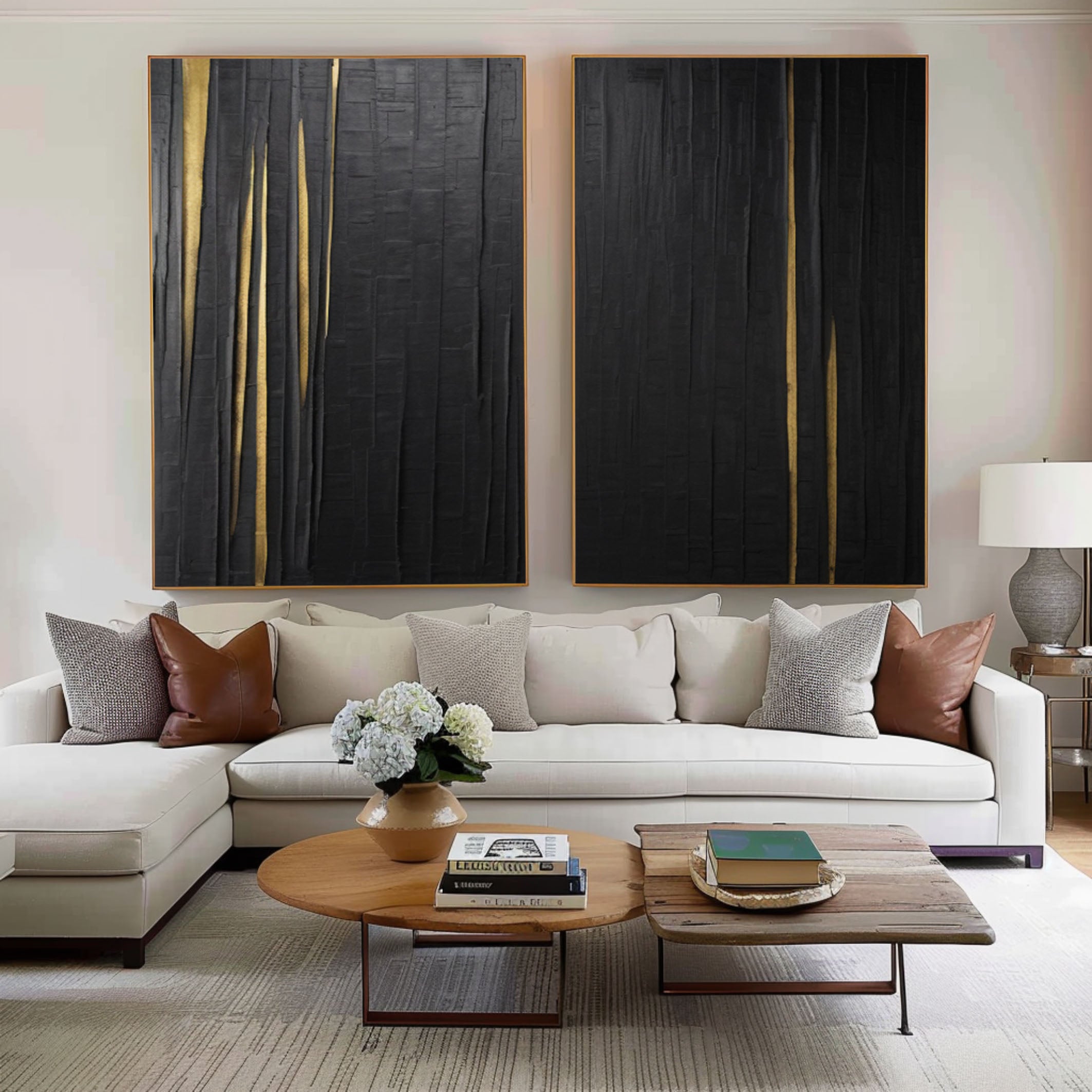 Modern Black Impasto Diptych with Vertical Gold Fissures #BGA 207