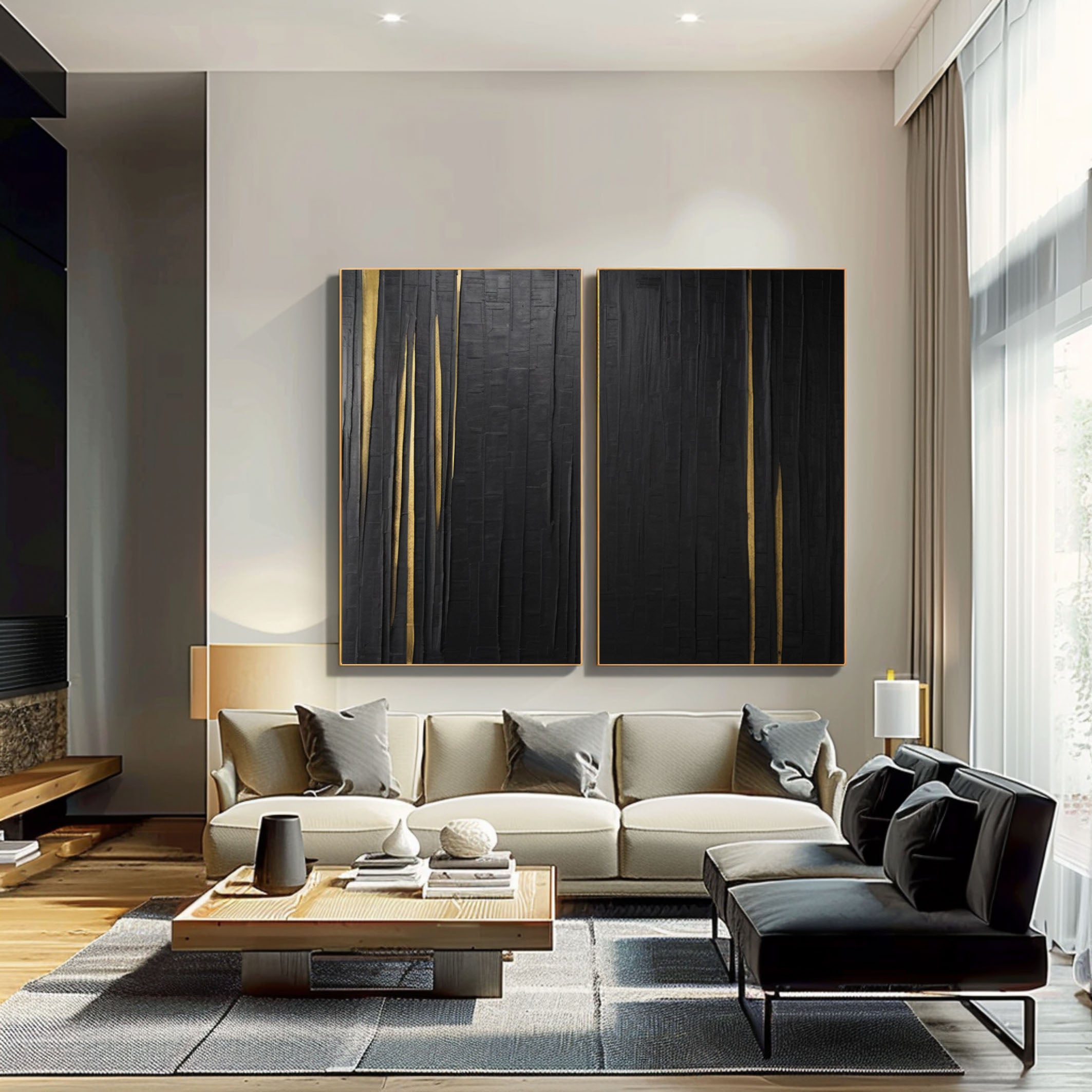 Modern Black Impasto Diptych with Vertical Gold Fissures #BGA 207