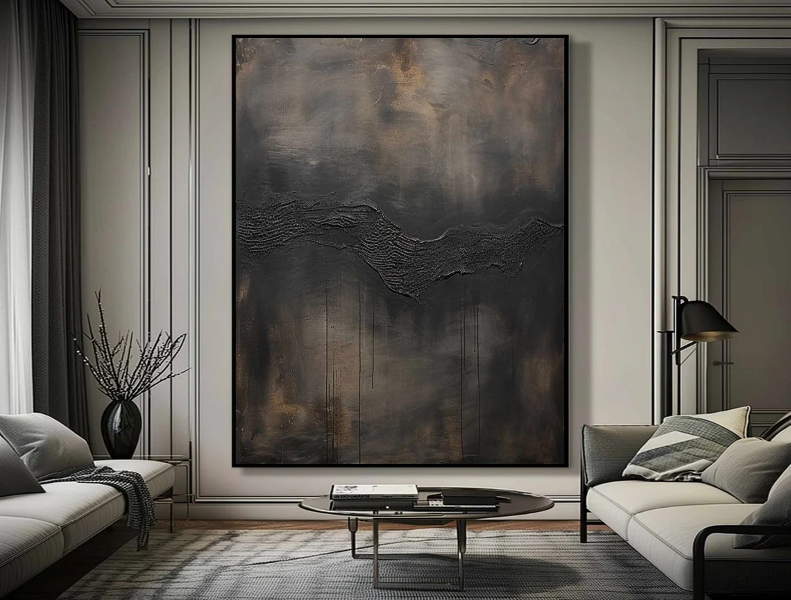 Textured Dark Abstract Painting, Moody Minimalist Art Canvas #BGA 081