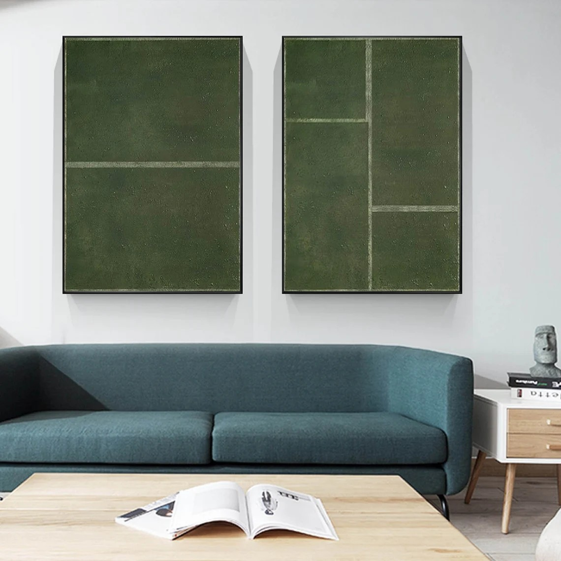 Modern Green Geometric Art, Textured Minimalist Set Of 2 #BGA 082
