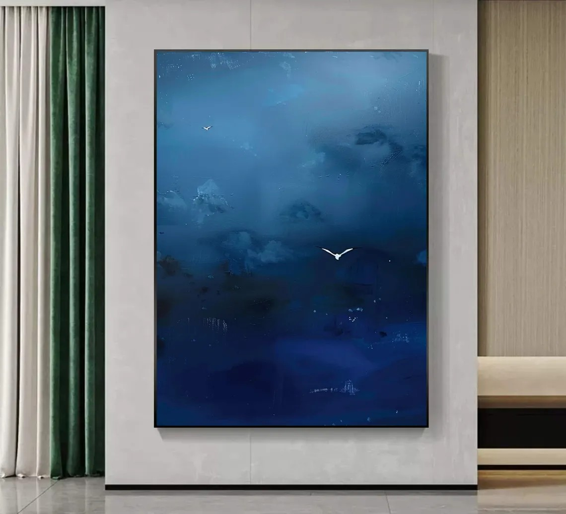Dark Blue Sky Painting, Birds in Flight, Surrealist Canvas #BGA 093