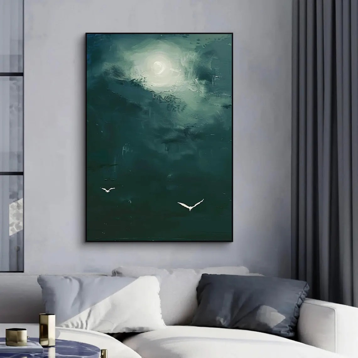 Green Sky Abstract, Minimalist Bird Art, Modern Decor #BGA 094
