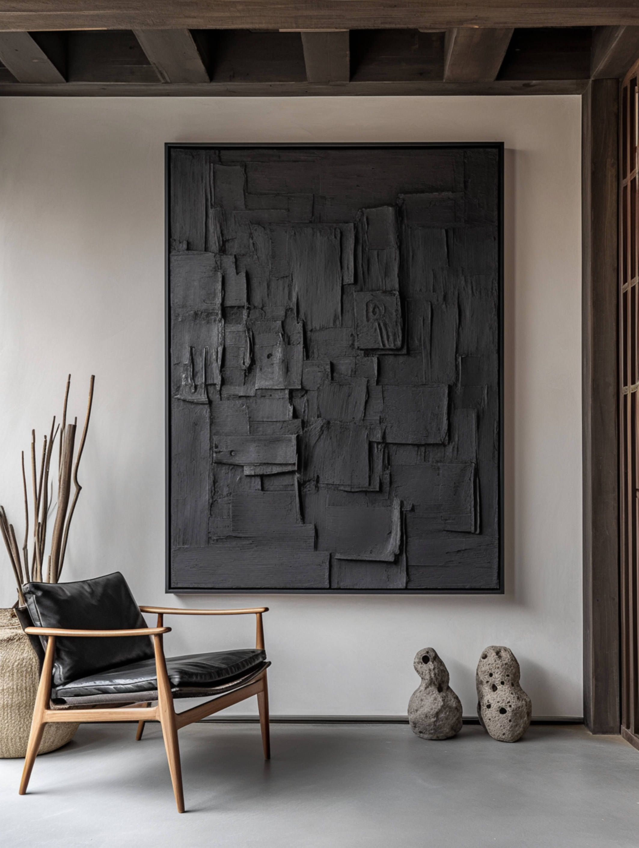 Elegant Minimalist Black Art Abstract Textured Paintings for Chic Interiors #BM 046