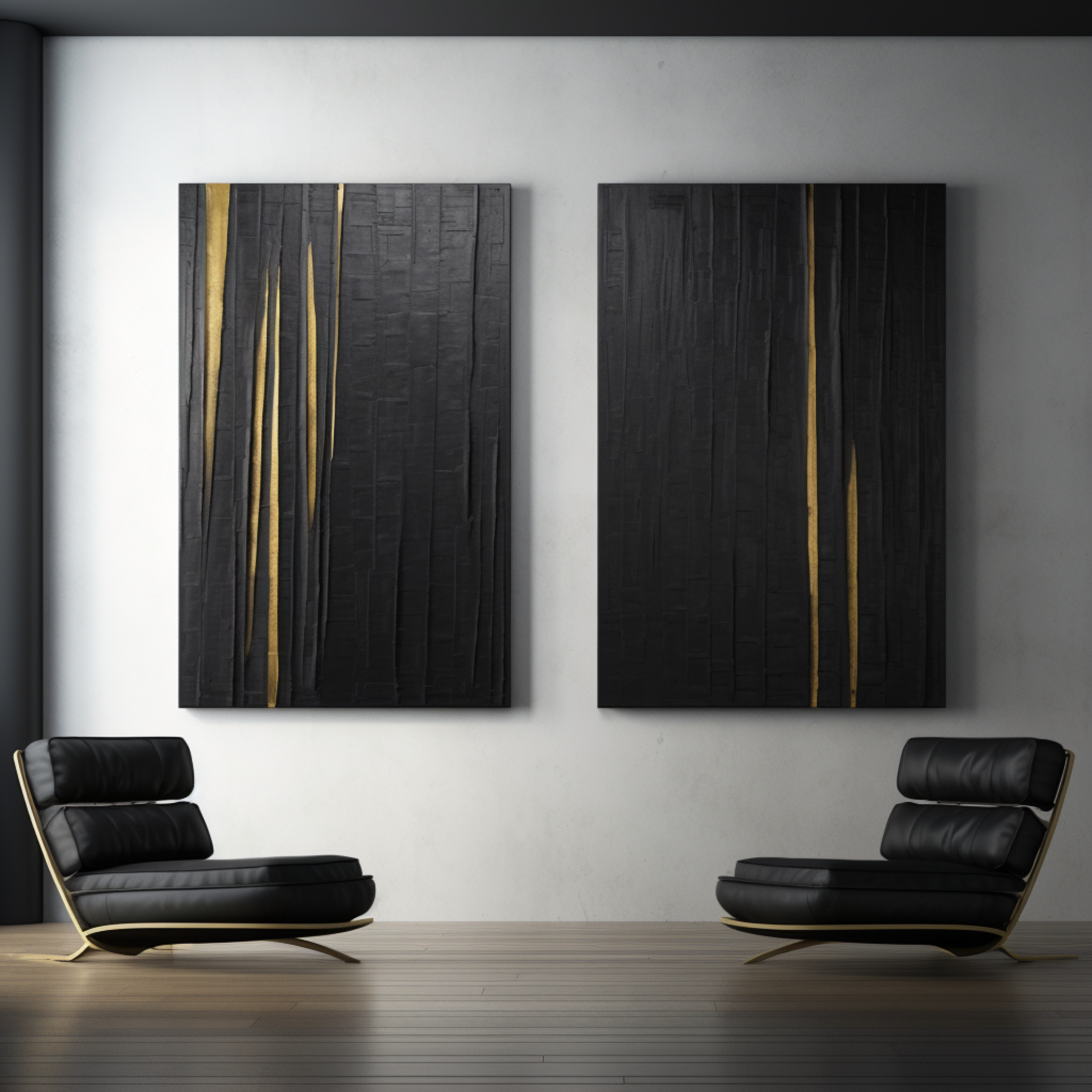 Modern Black Impasto Diptych with Vertical Gold Fissures #BGA 207