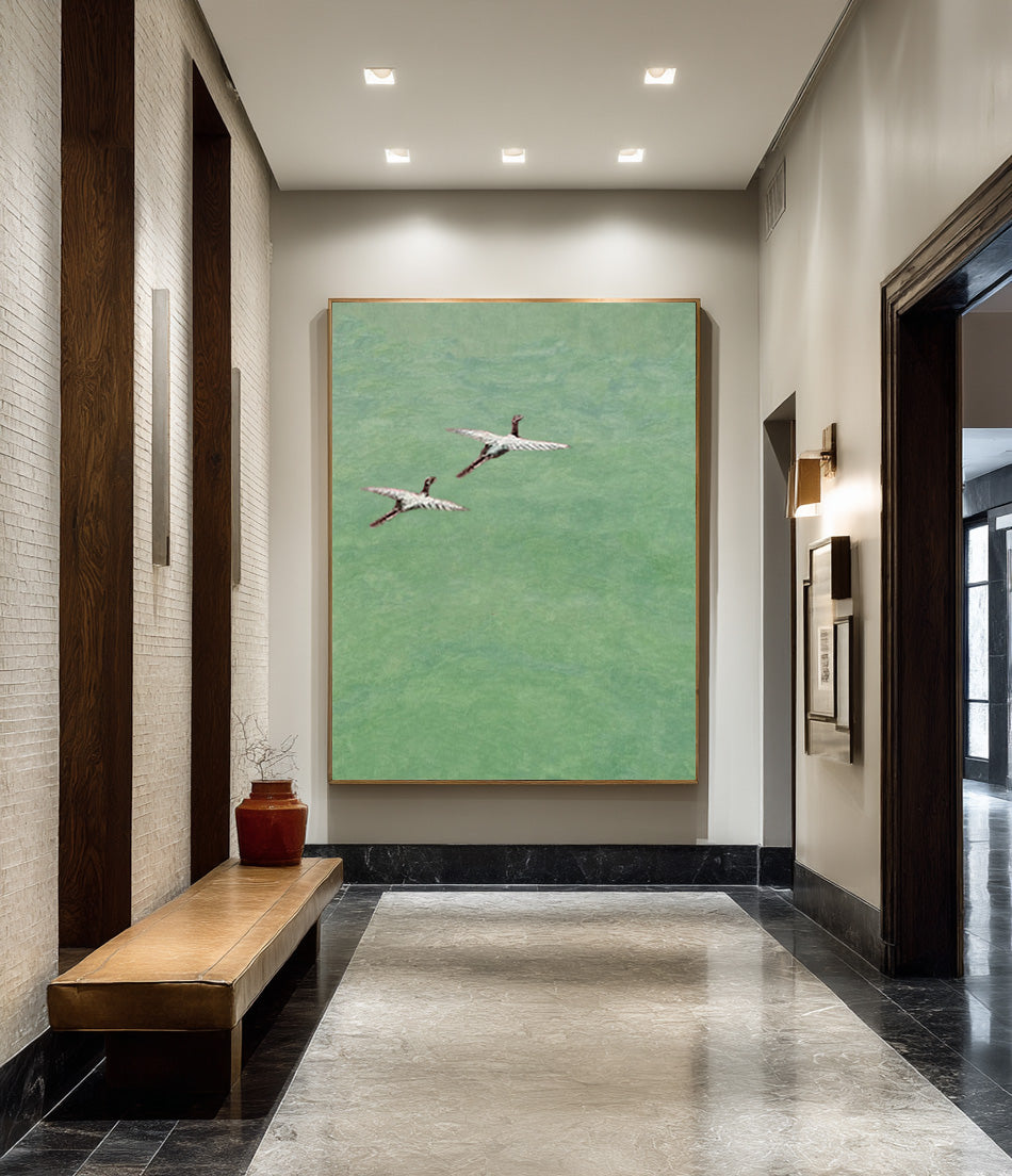 Contemporary Green Abstract Canvas with Flying Birds #WG 084