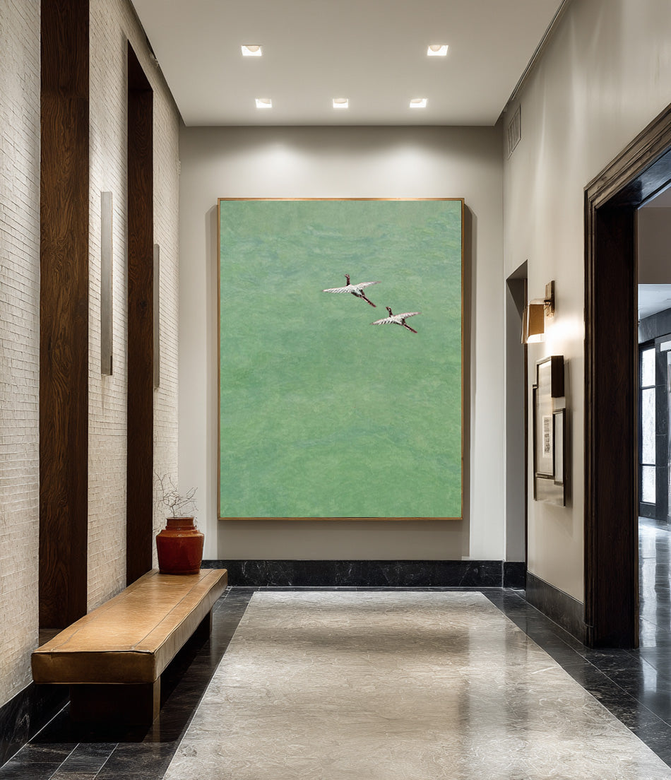 Minimalist Bird Painting - Green Textured Abstract Art #WG 085