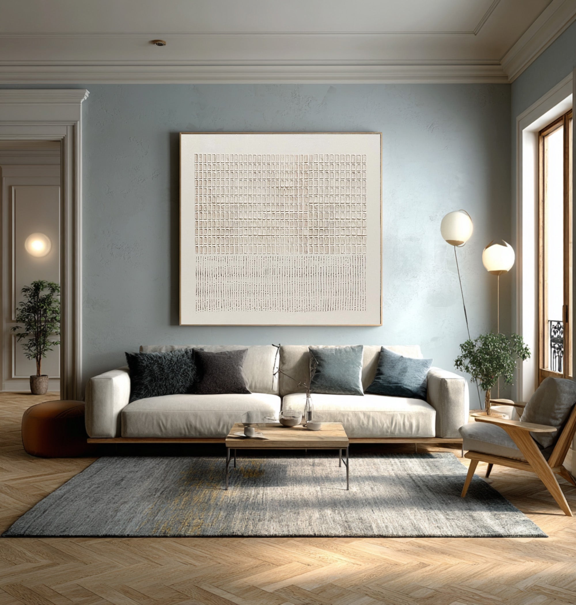 Large Contemporary Abstract Oil Painting, Beige Grid Textured Art for Modern Interior #WAB 018