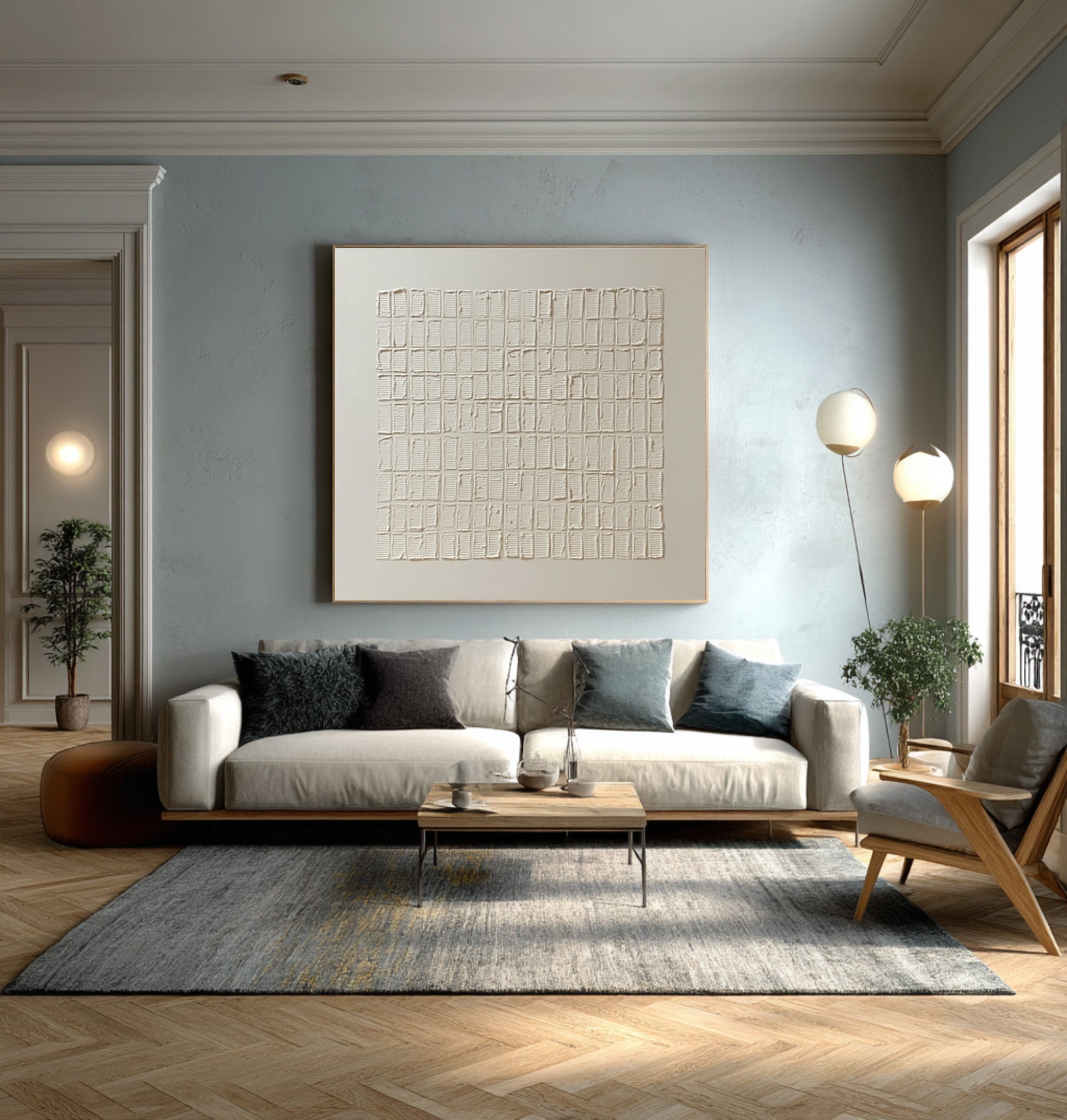 Modern Textured Wall Art Cream White Grid Decor #WG 058
