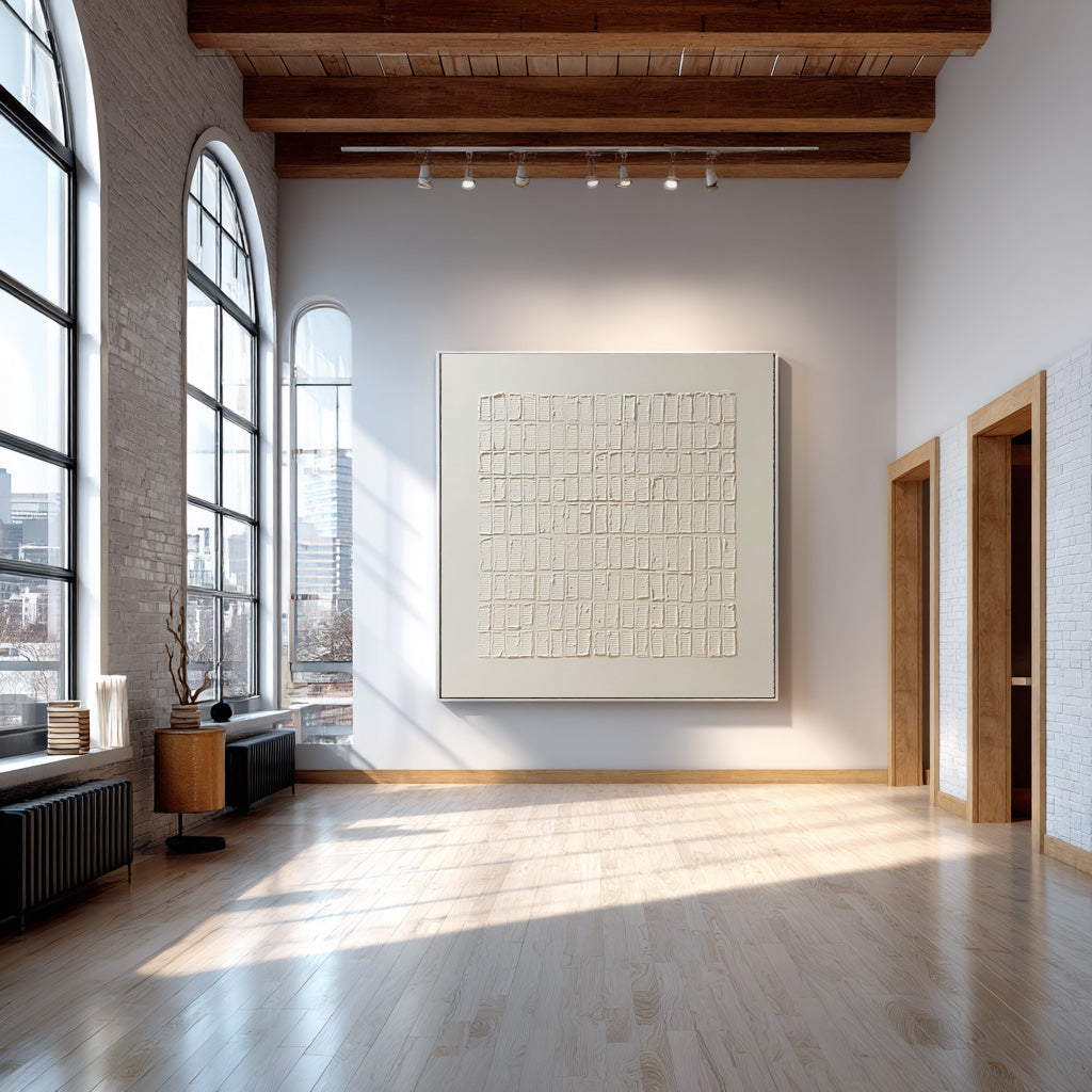 Modern Textured Wall Art Cream White Grid Decor #WG 058