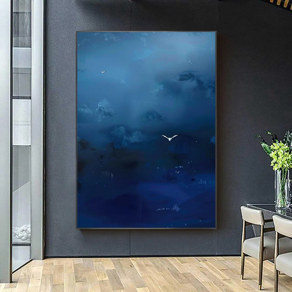 Dark Blue Sky Painting, Birds in Flight, Surrealist Canvas #BGA 093