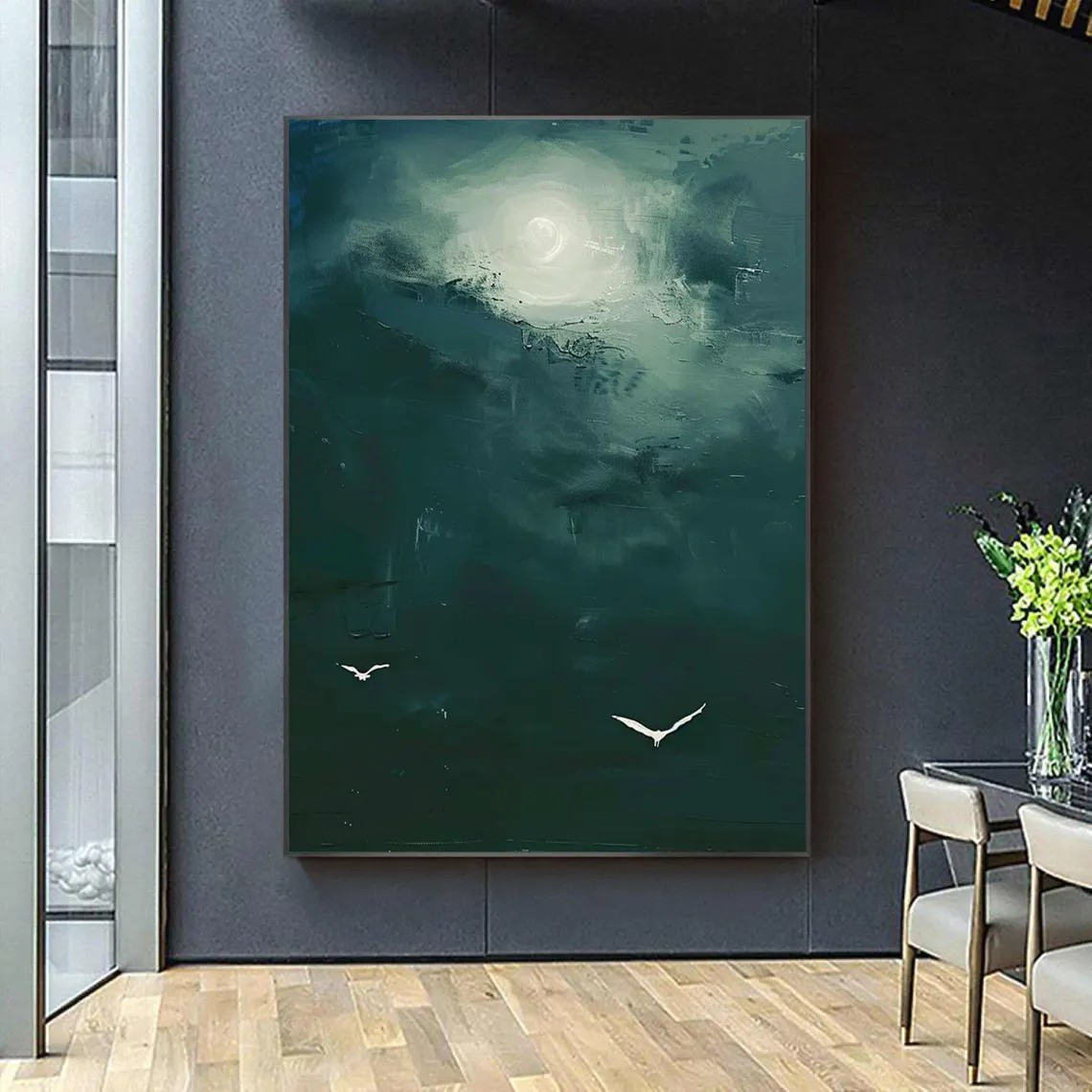 Green Sky Abstract, Minimalist Bird Art, Modern Decor #BGA 094