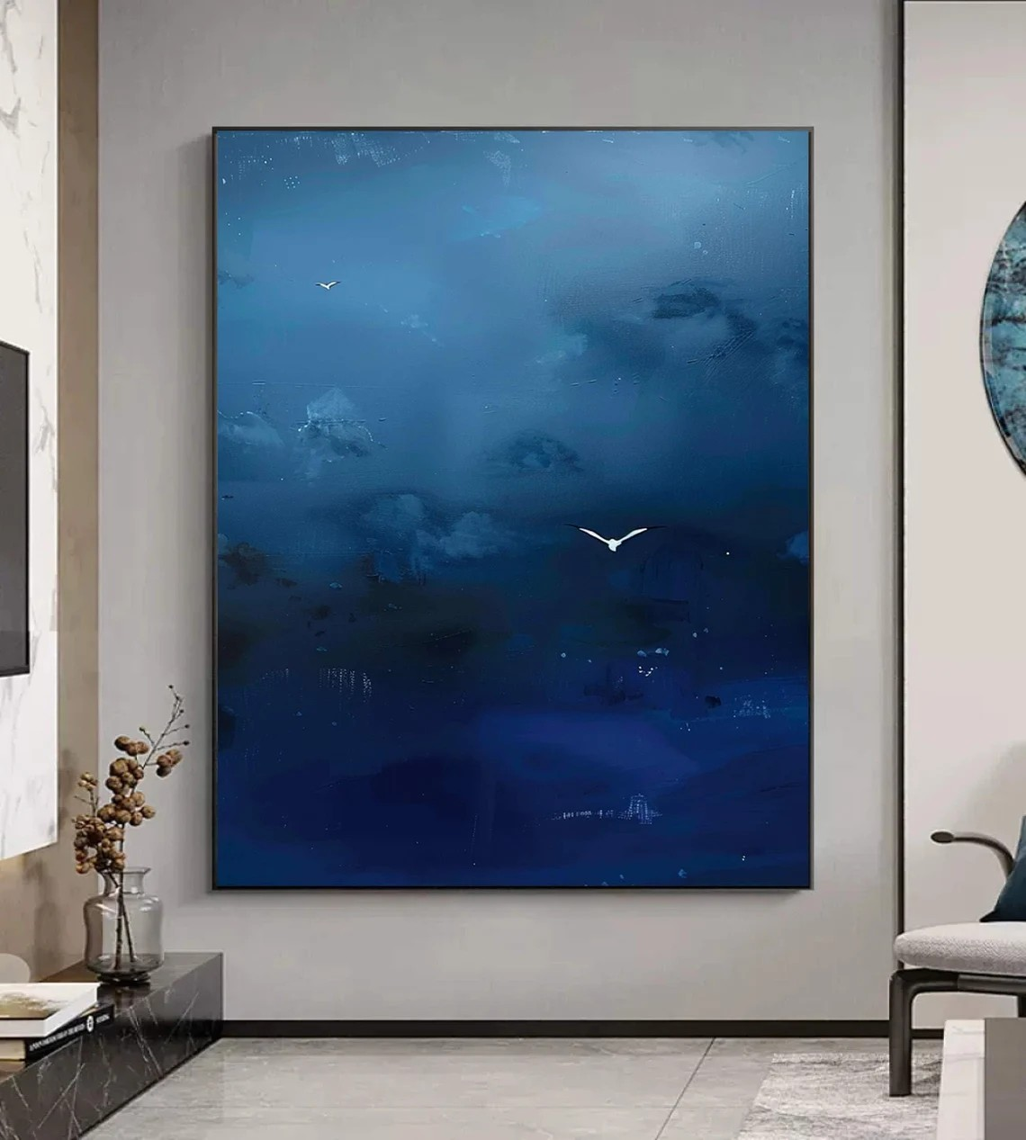 Dark Blue Sky Painting, Birds in Flight, Surrealist Canvas #BGA 093