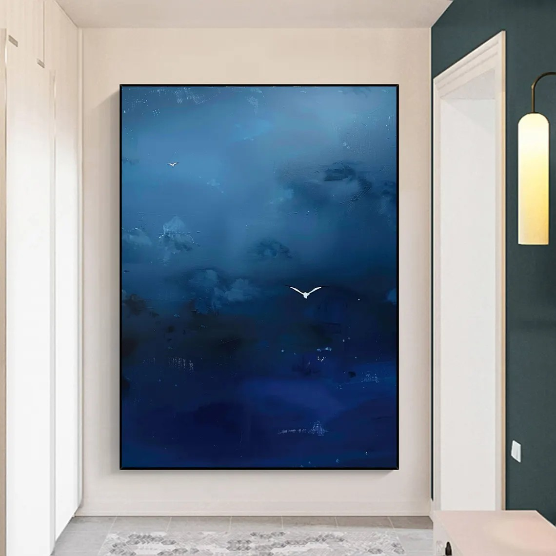 Dark Blue Sky Painting, Birds in Flight, Surrealist Canvas #BGA 093