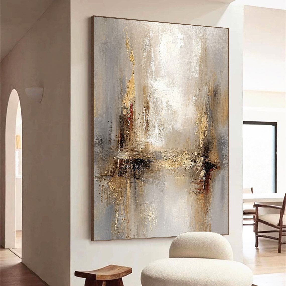 Grey And Beige Abstract Painting Gold Foil Texture Painting#AVG 004