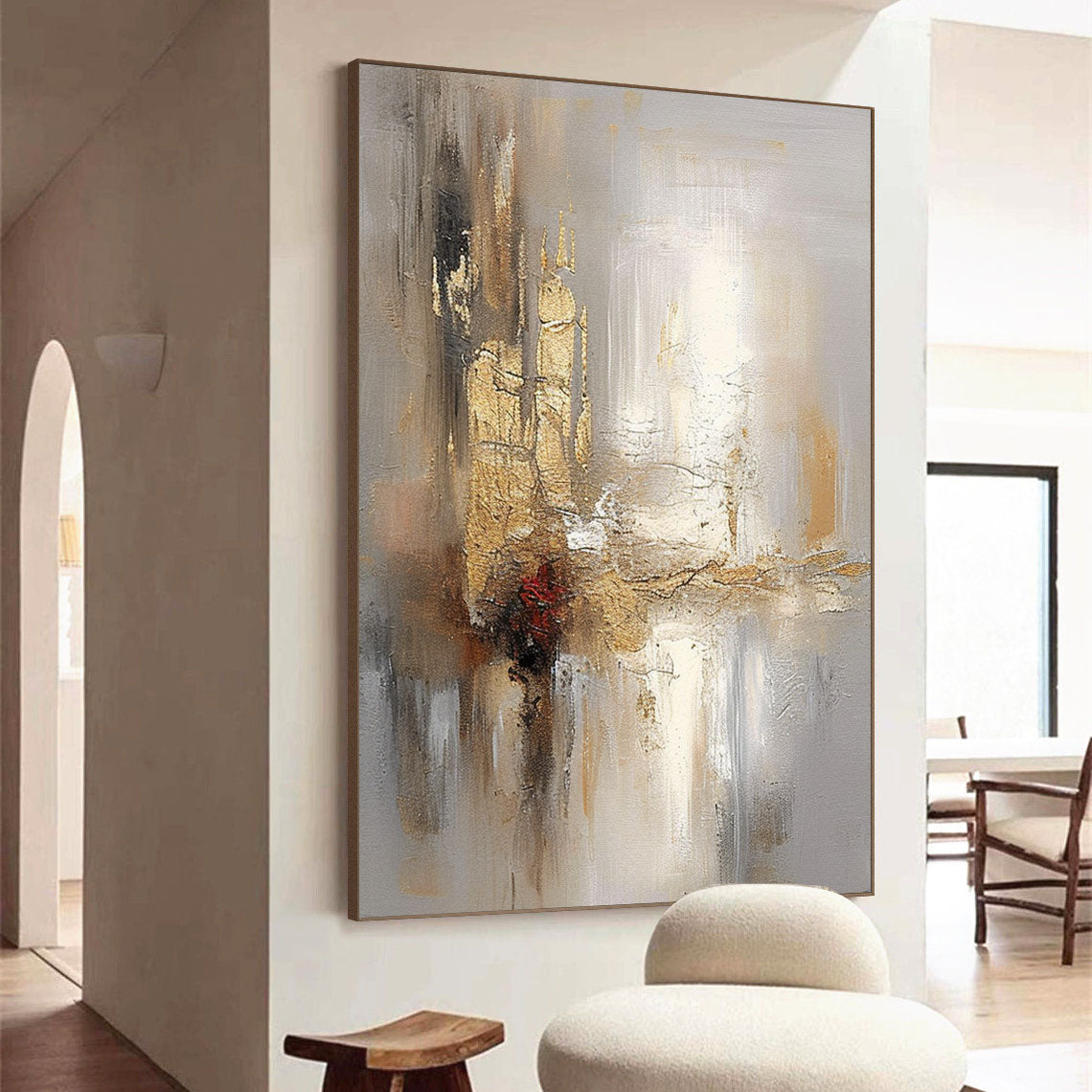 Grey And Beige Abstract Painting Gold Foil Texture Painting#AVG 003