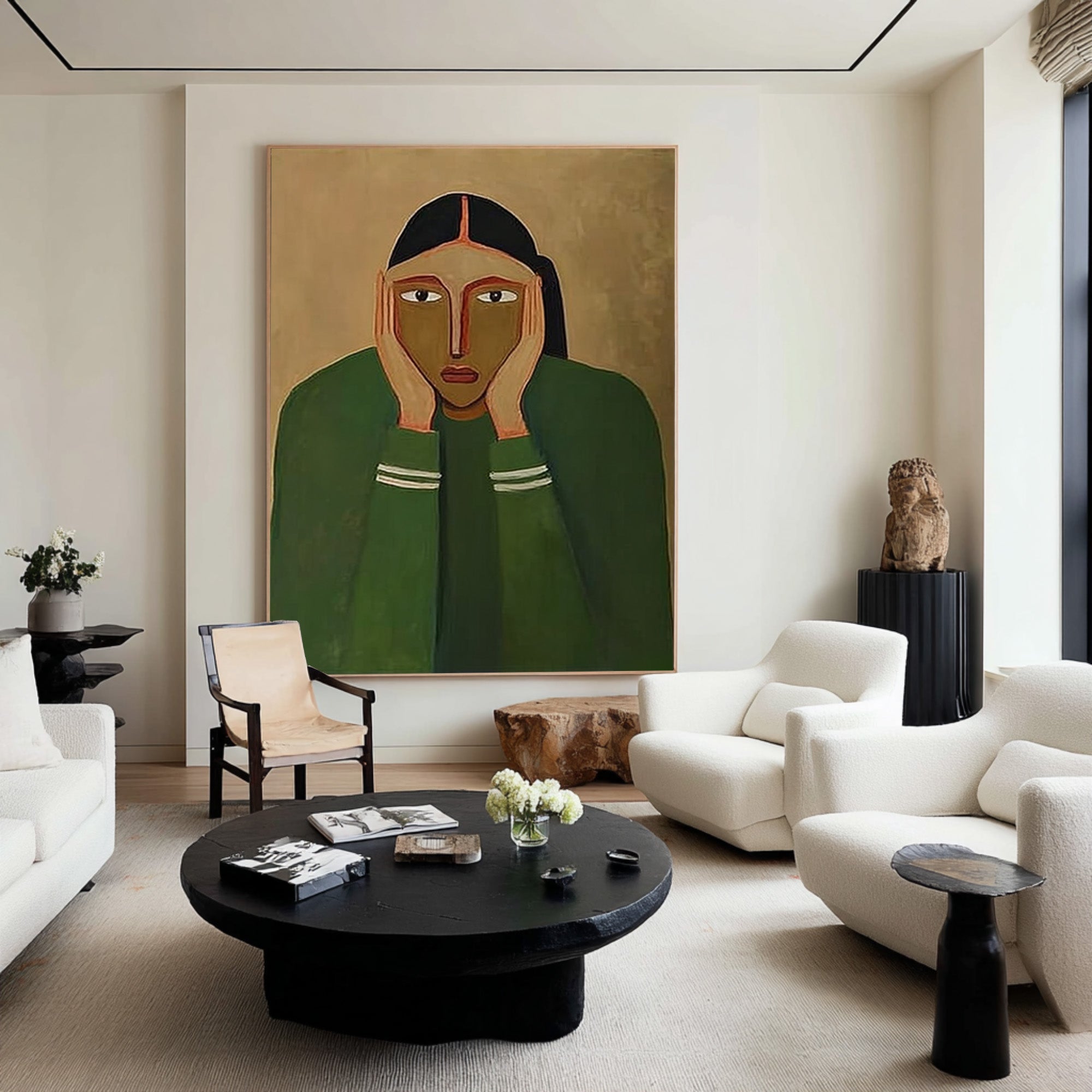 Large Abstract Portrait Oil Painting Green Tones, Emotional Modern Wall Art for Living Room #WAB-030