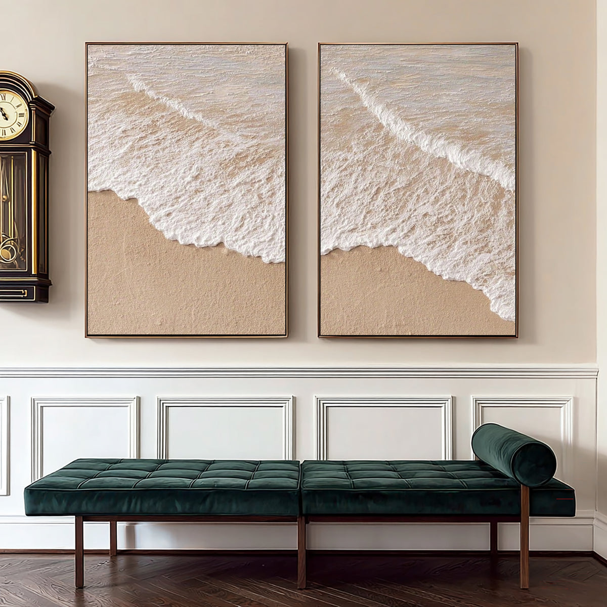 Large Modern Ocean Wave Diptych Wall Art Beige White Textured Oil Painting Coastal Seascape Two Piece Canvas Set Living Room Decor