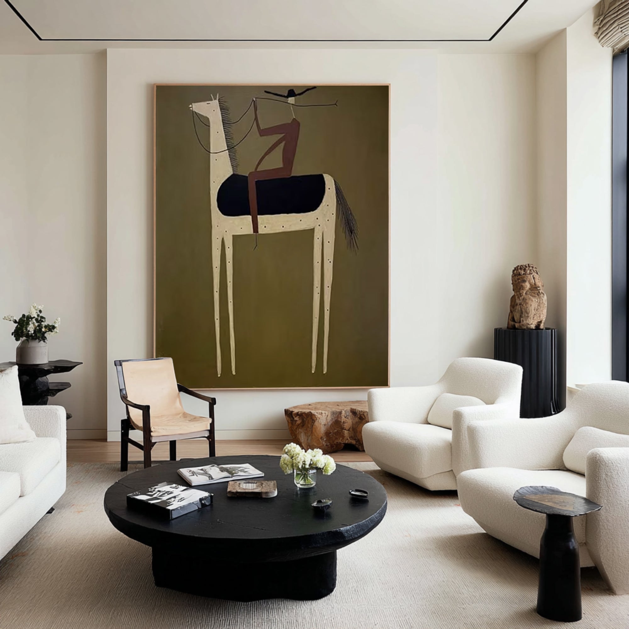 Large Abstract Horse Rider Painting Olive Green Contemporary Wall Art