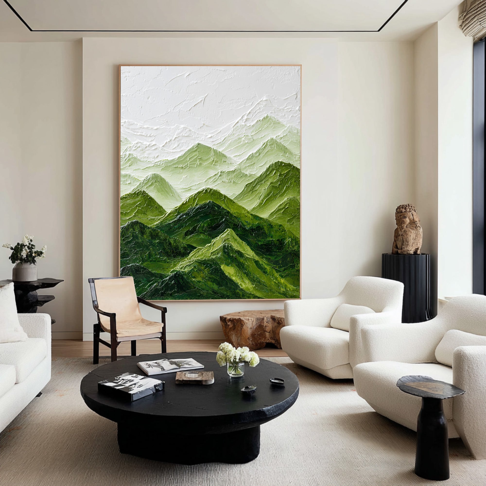 Large Abstract Oil Painting Mountain Landscape, Green Calm Wall Art for Home Decor | ArtvistaGallery #WGA 006