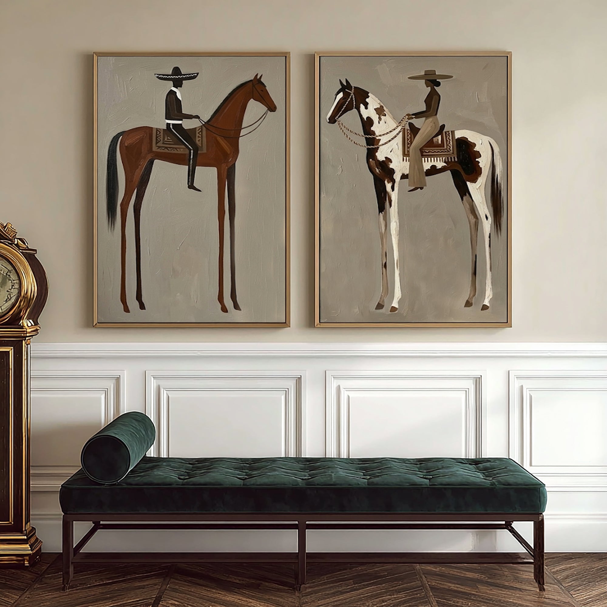 Large Cowboy Cowgirl Wall Art Southwestern Western Horse Oil Painting Diptych 