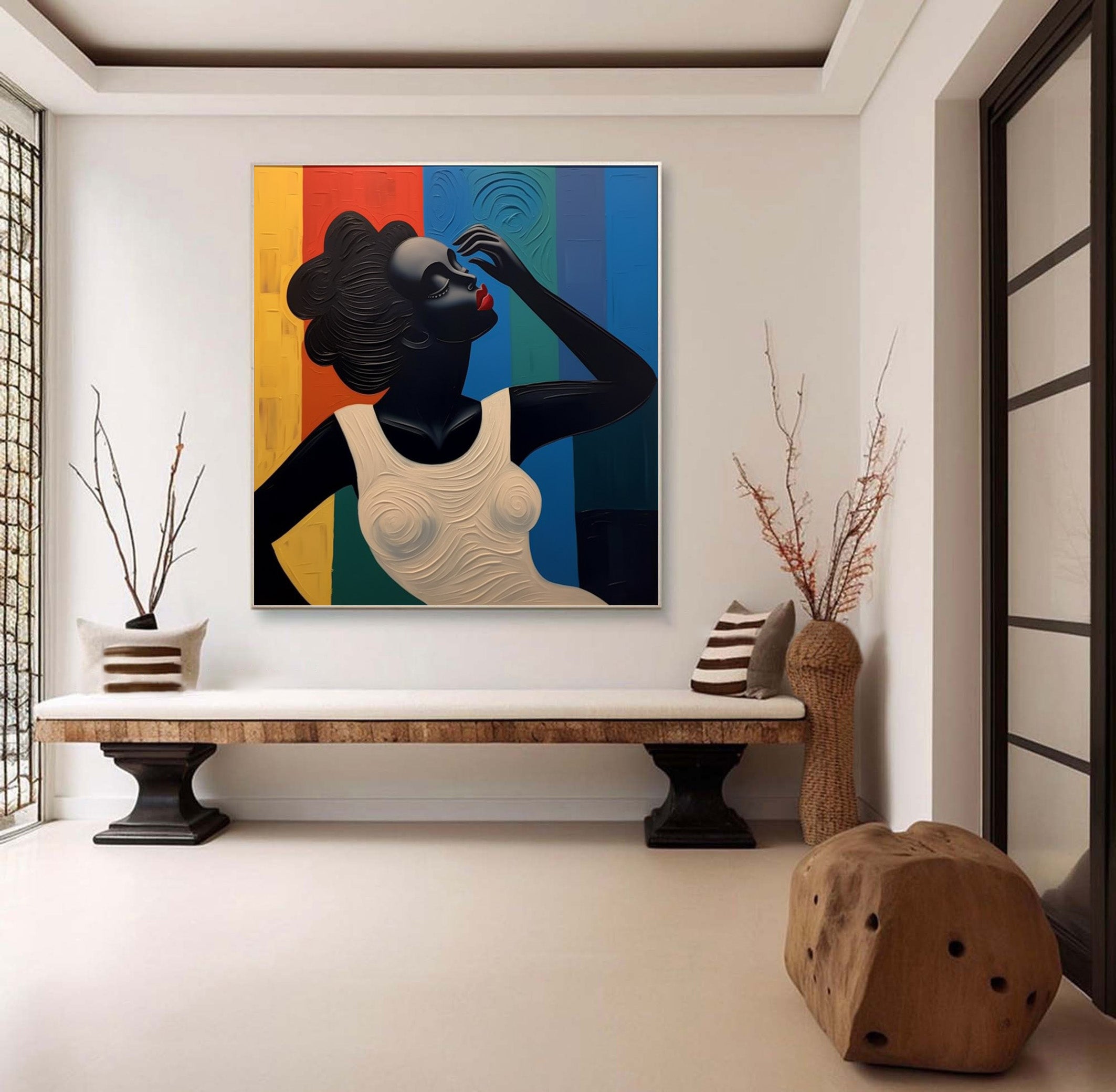 Stylized Figure Against Textured Color Blocks, Portrait Art #BGA 157