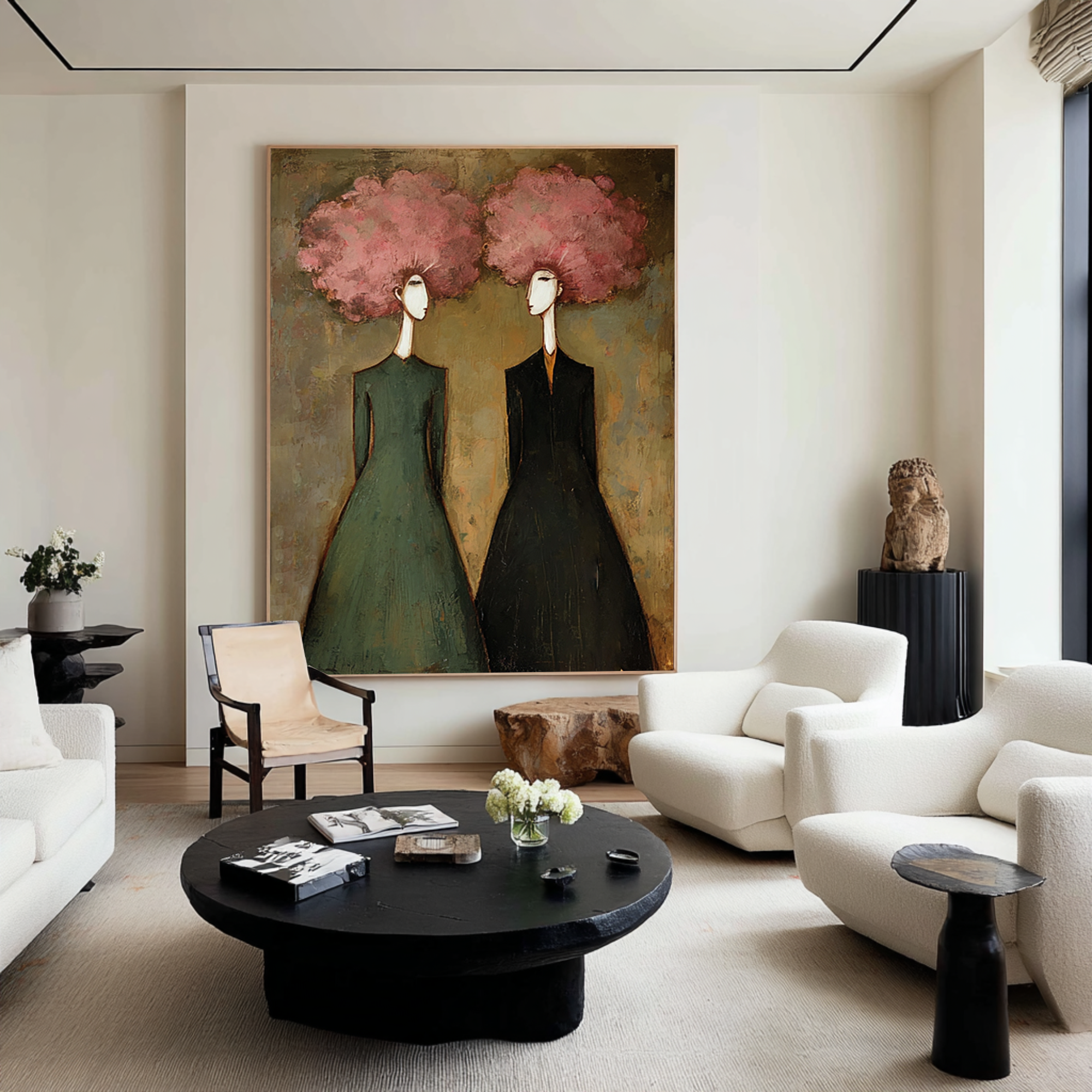 Large Abstract Pink Portrait Oil Painting – Modern Green and Black Wall Decor #WAB 044