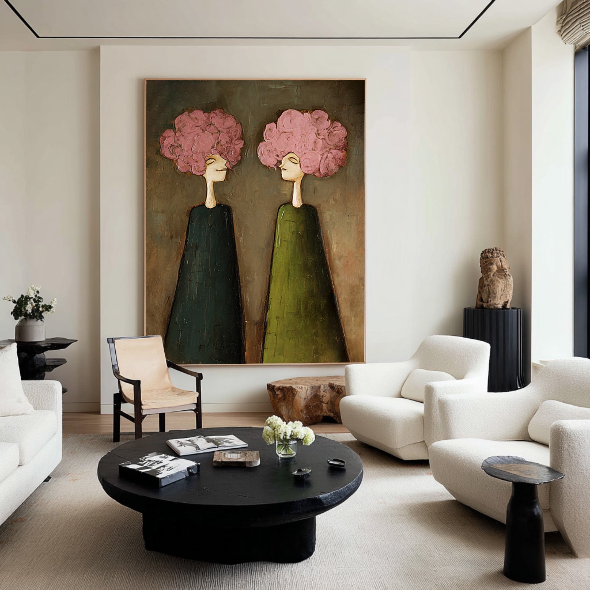 Large Pink Floral Portrait Oil Painting – Modern Green Dress Canvas Wall Decor #WAB 041
