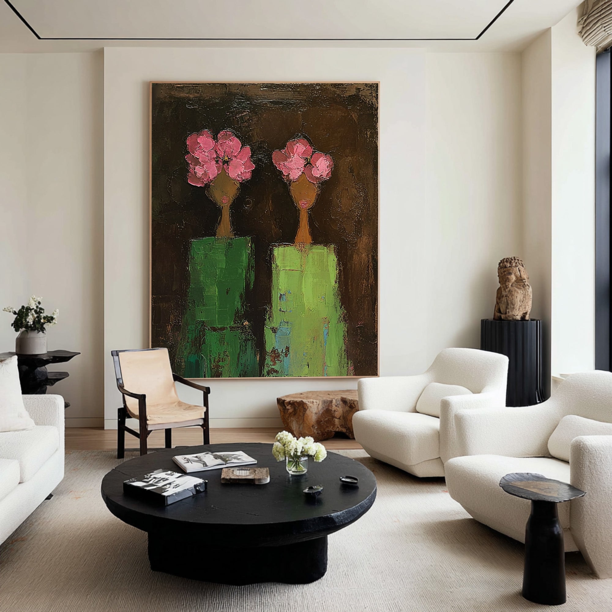Large Modern Figurative Oil Painting on Canvas – Elegant Pink Floral Portrait Wall Art #WAB 039