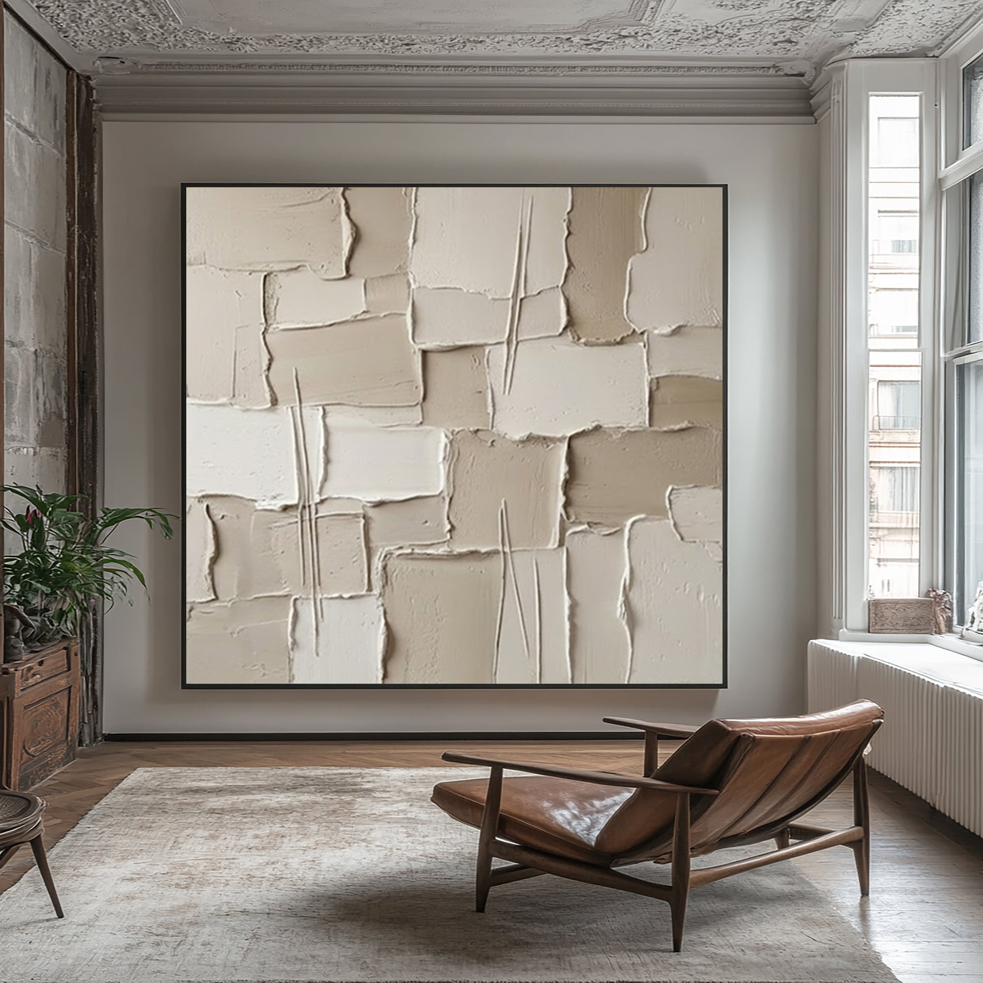 Large Architectural Collage Wall Art Neutral Textured Relief Painting