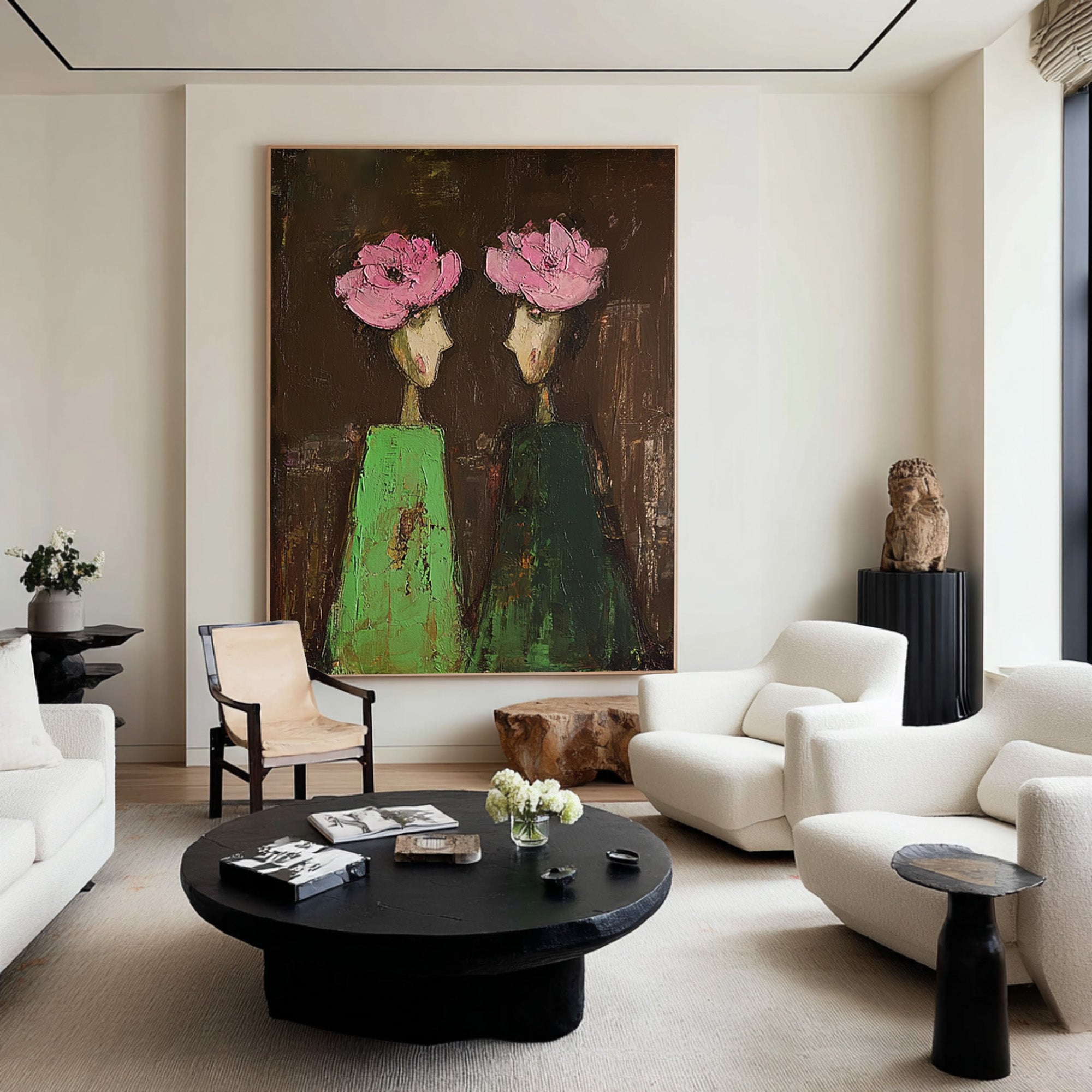 Large Abstract Portrait Oil Painting – Dark Background Canvas Statement Art #WAB 040