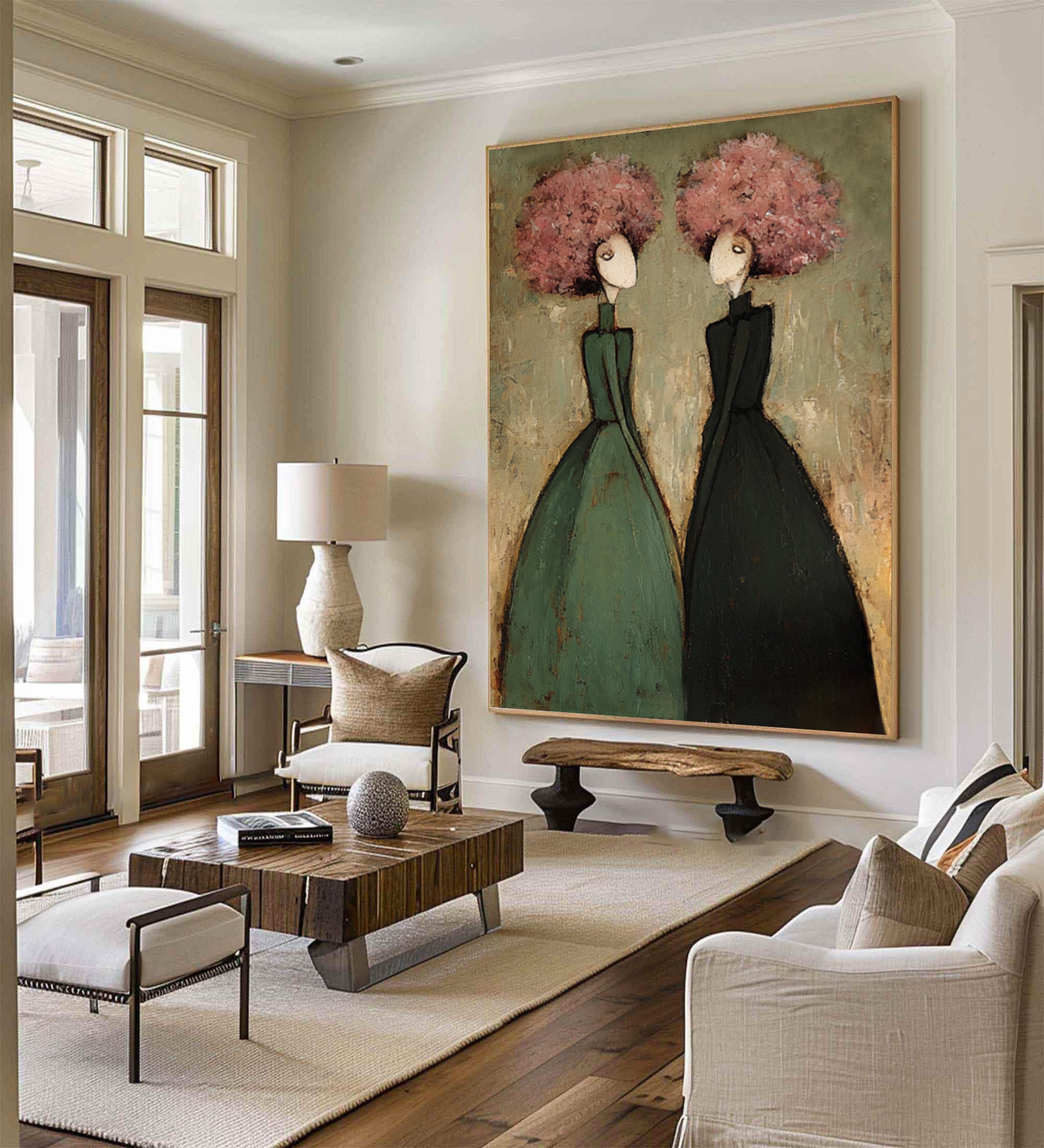 Large Contemporary Portrait Oil Painting – Modern Green and Pink Canvas Wall Art #WAB 035