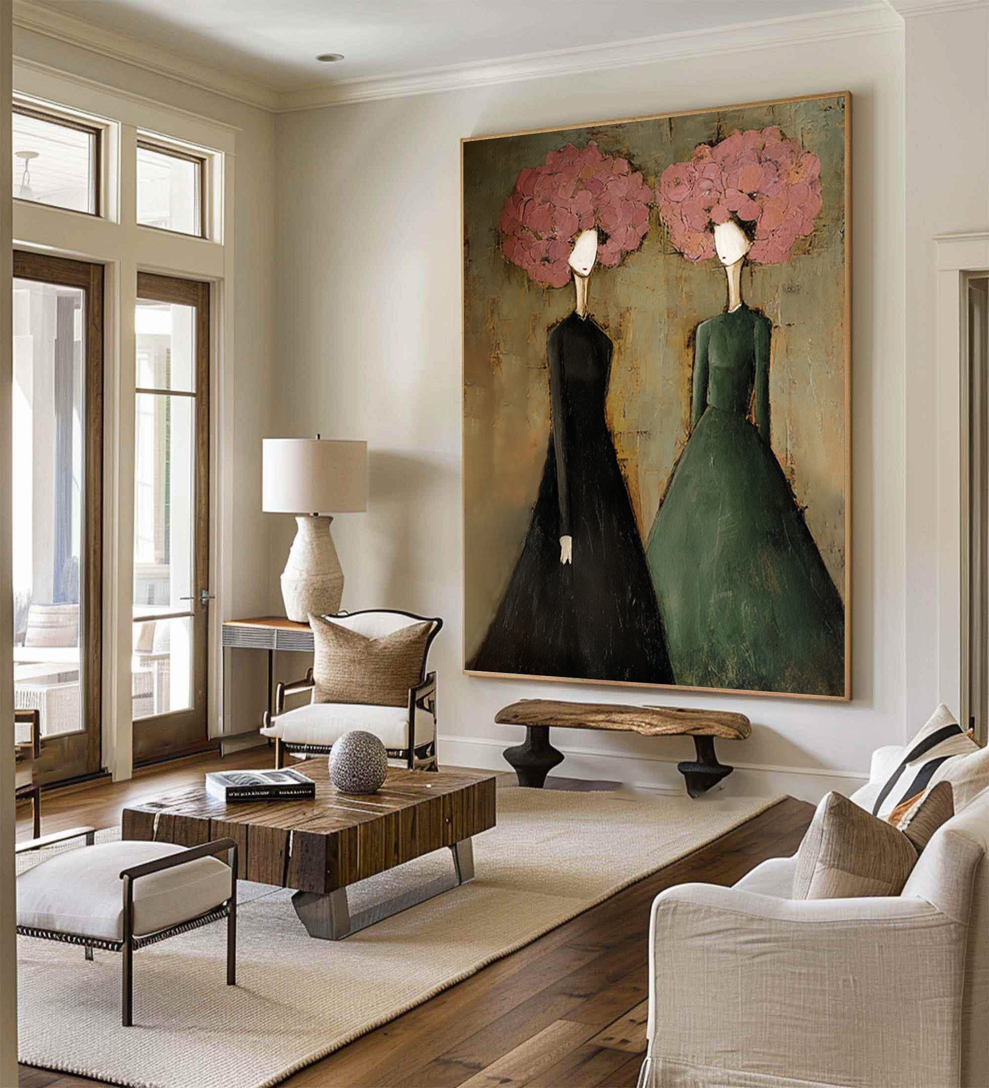Large Modern Portrait Oil Painting on Canvas – Elegant Green Figurative Wall Art Decor #WAB 037