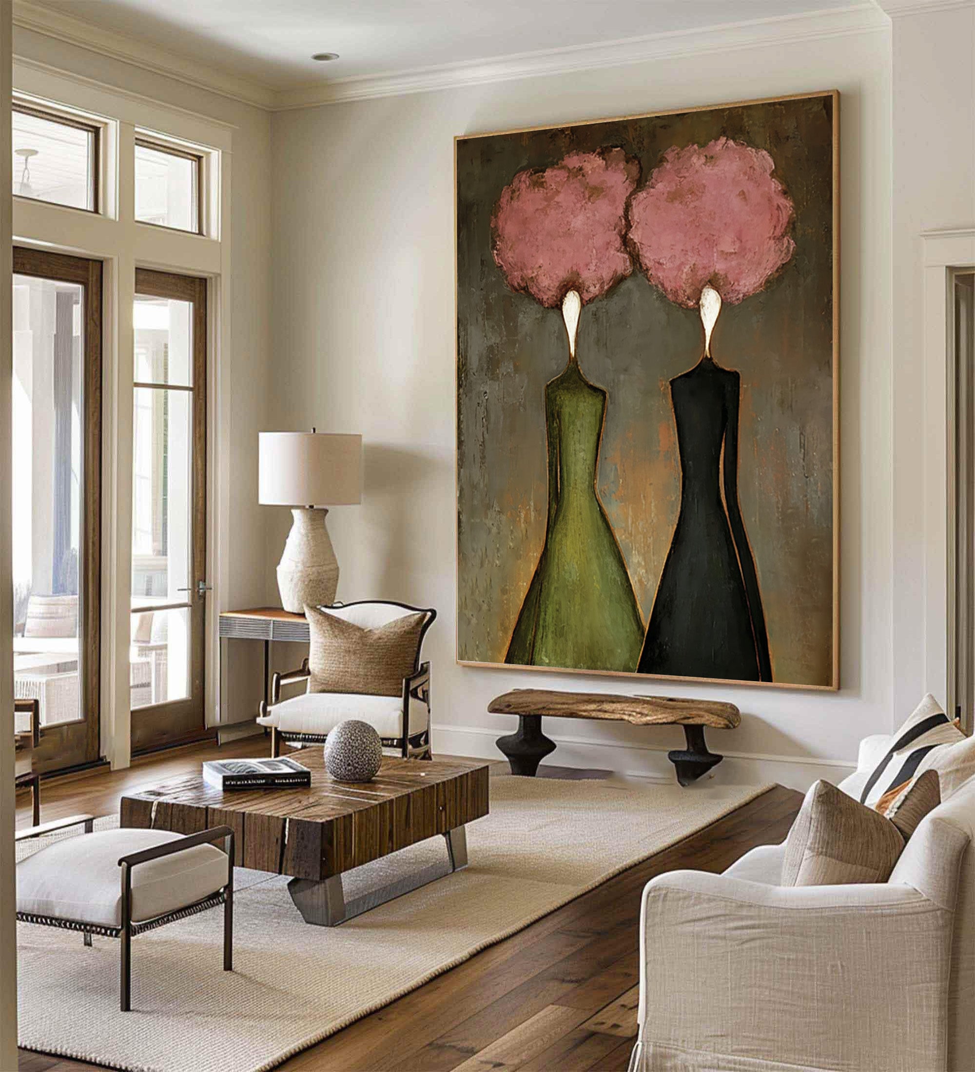 Large Abstract Pink Portrait Oil Painting – Statement Figurative Wall Art Decor #WAB 036