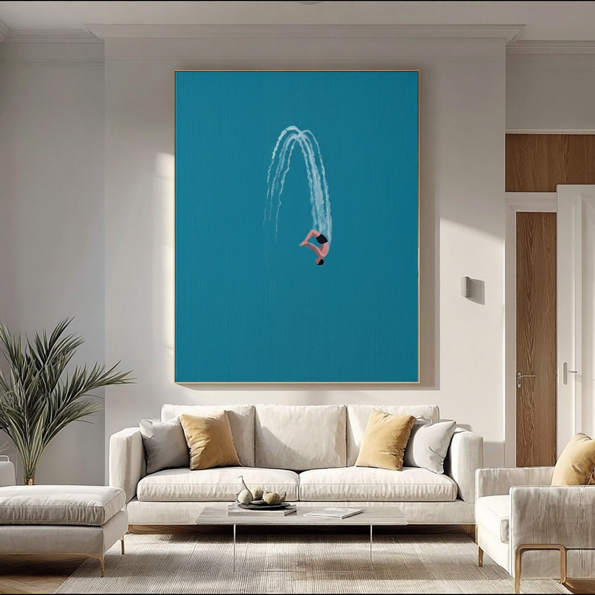 Large Minimalist Diver Wall Art Contemporary Ocean Blue Painting