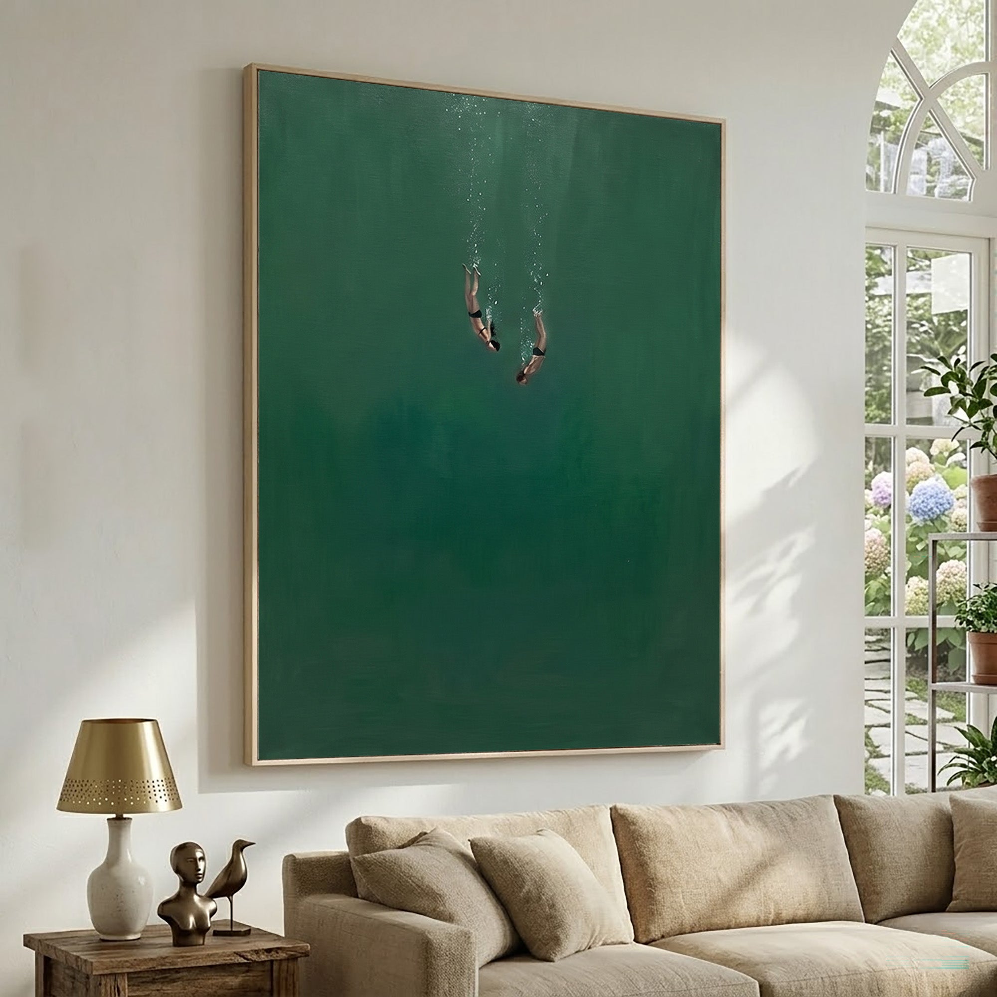 Large Minimalist Underwater Swimmer Wall Art Contemporary Ocean Oil Painting