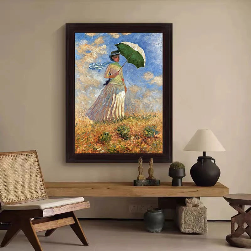 Afternoon Light Across The Meadow Impressionist Painting Woman Parasol Landscape Wall Art