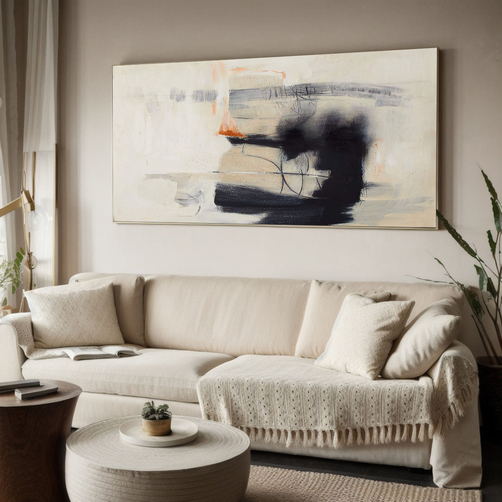 Horizontal Abstraction with Ink-like Marks, Modern Wall Art #BGA 057